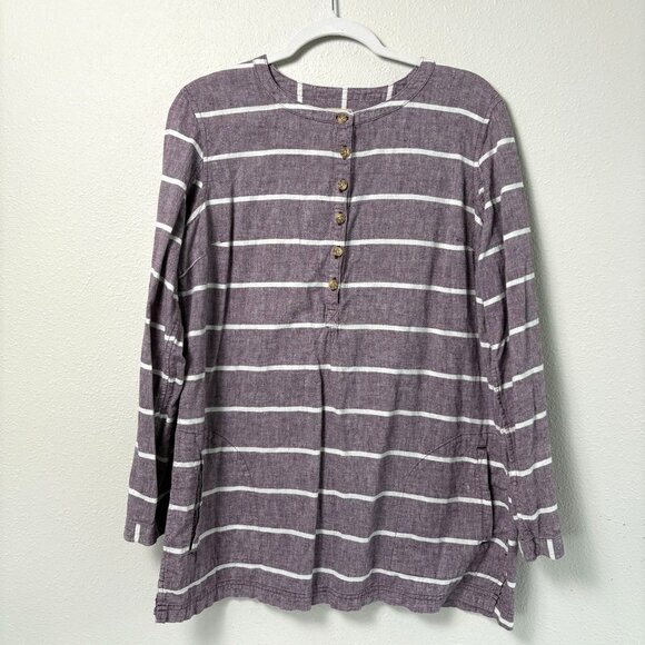 Duluth Trading Co Hemp Tunic Top Size L Purple Striped Henley Pockets Roll Tab - Picture 1 of 10